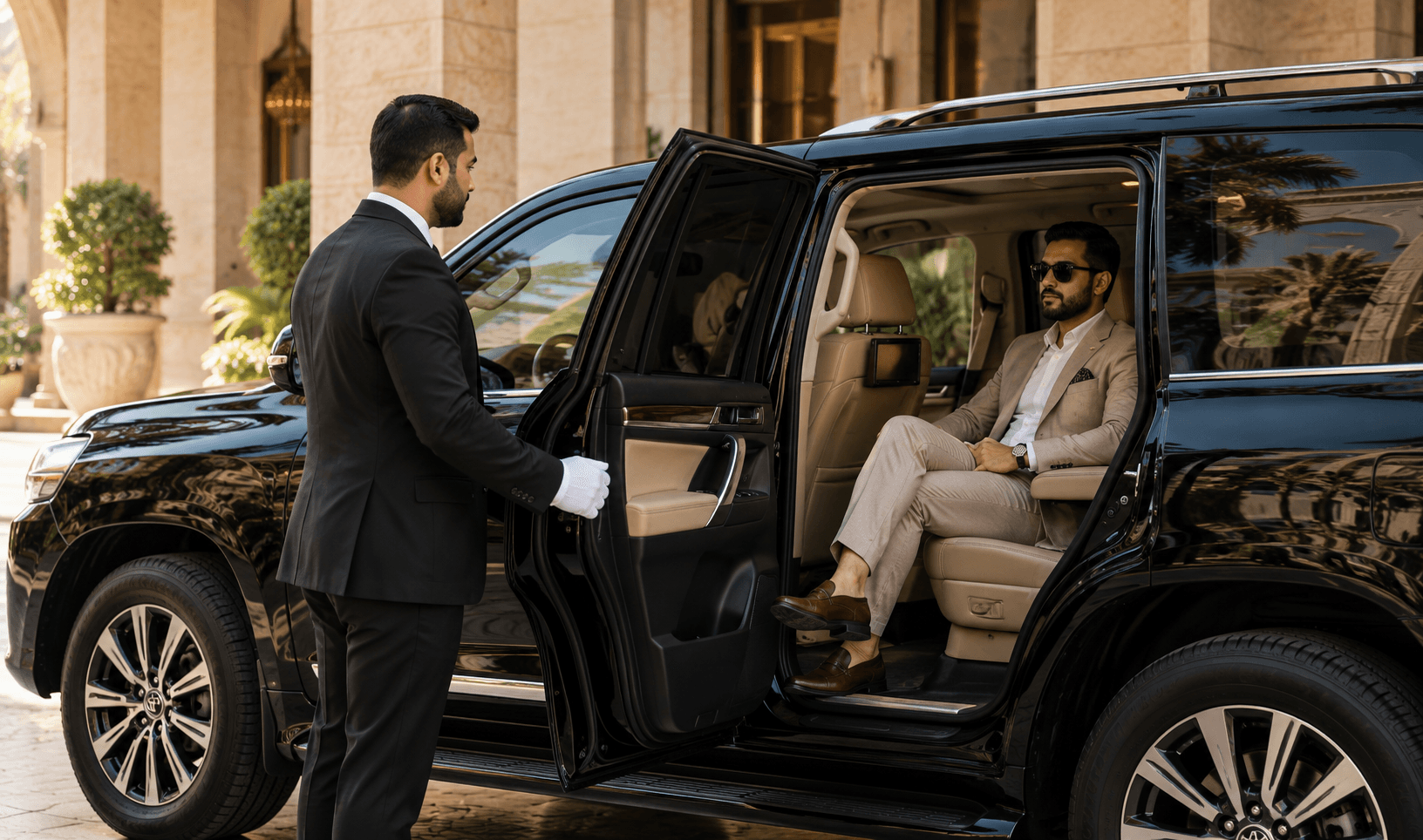A professional chauffeur welcoming a passenger into a Land Cruiser